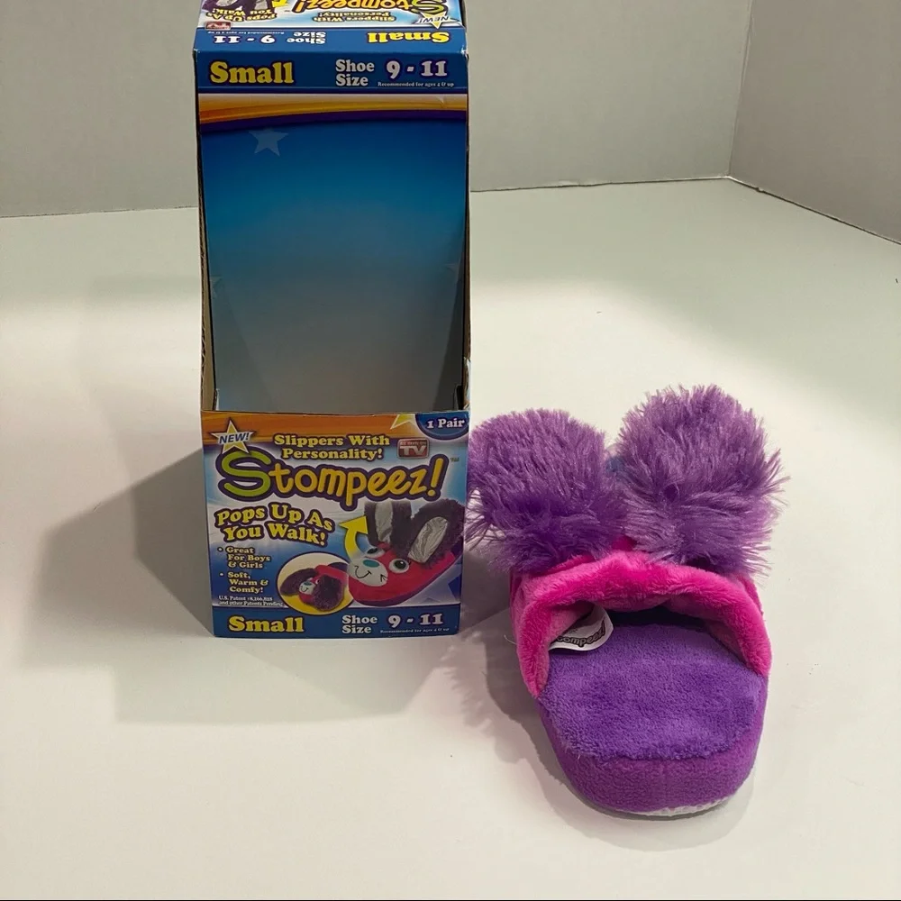 Stompeez Sz small 9-11 kids purple bunny slippers - ears pop up when they walk